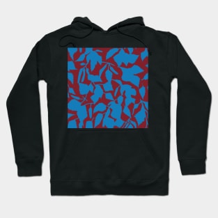 Birch leaves blue on dark red, seamless pattern Hoodie